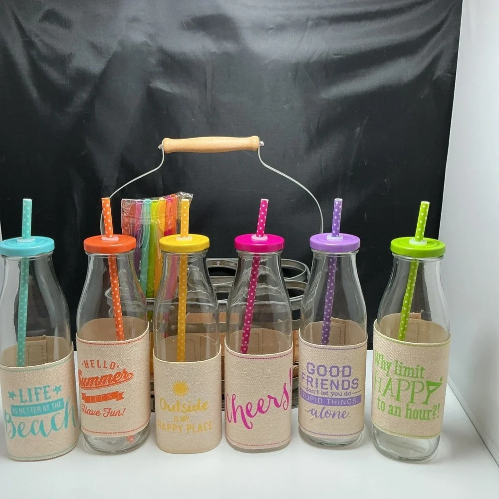 6 Summer drink Glass Milk Bottles‎ Jugs Metal Caddy & 12 Reusable Straws